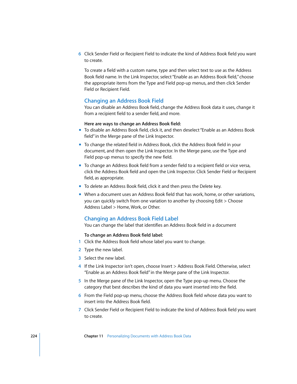 Changing an address book field, Changing an address book field label | Apple Pages '08 User Manual | Page 224 / 246