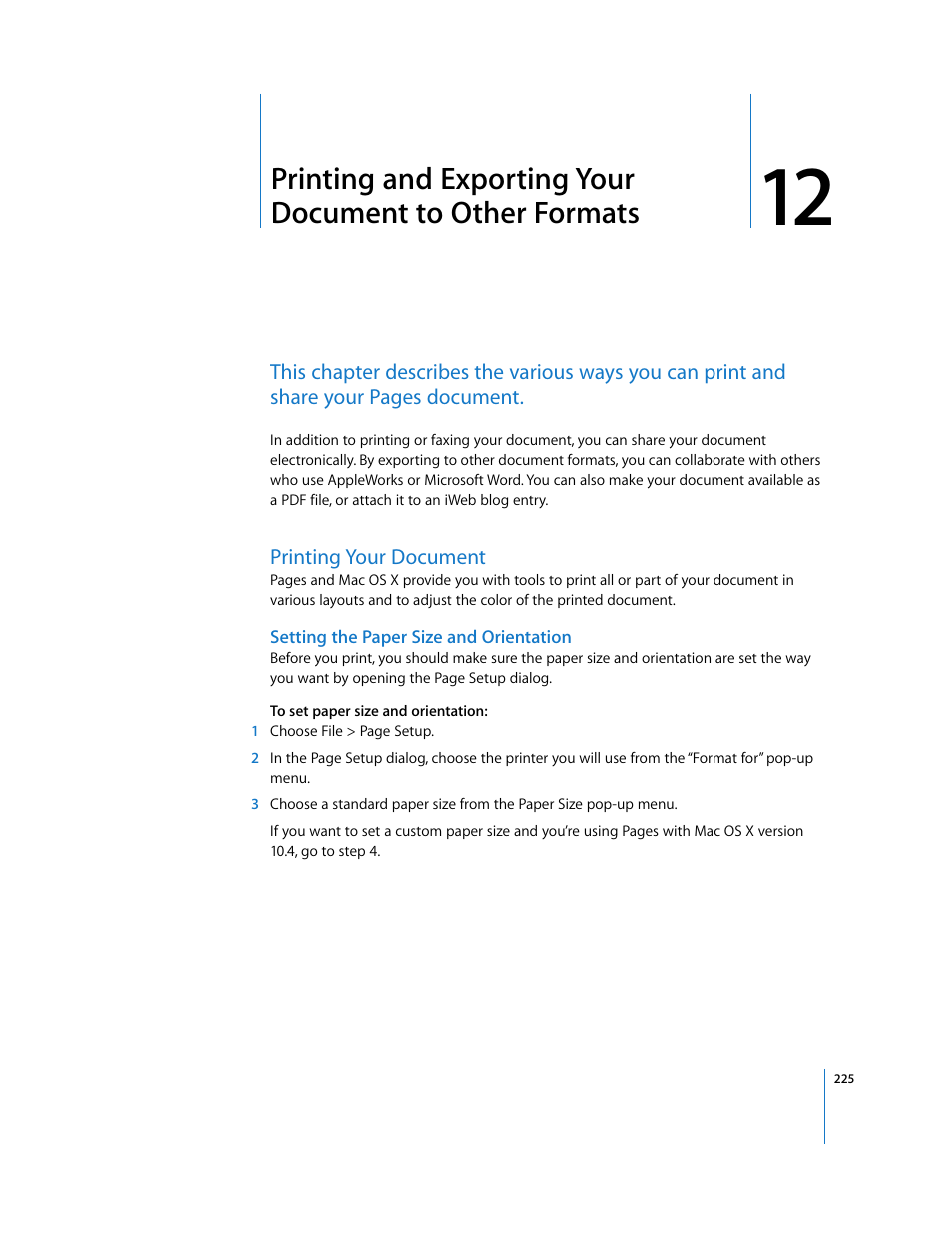 Printing your document, Setting the paper size and orientation, Chapter 12 | Apple Pages '08 User Manual | Page 225 / 246