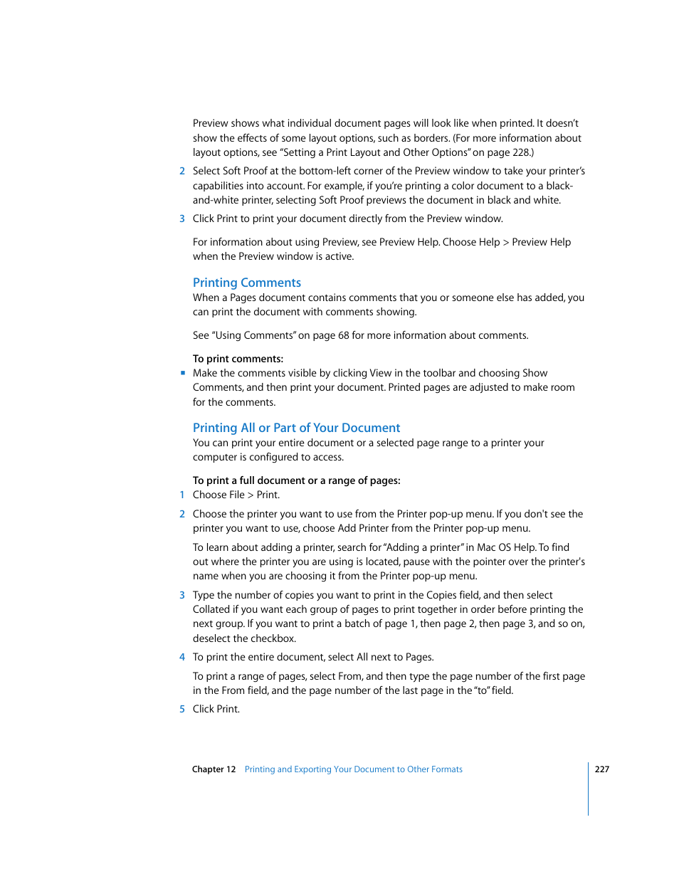 Printing comments, Printing all or part of your document | Apple Pages '08 User Manual | Page 227 / 246