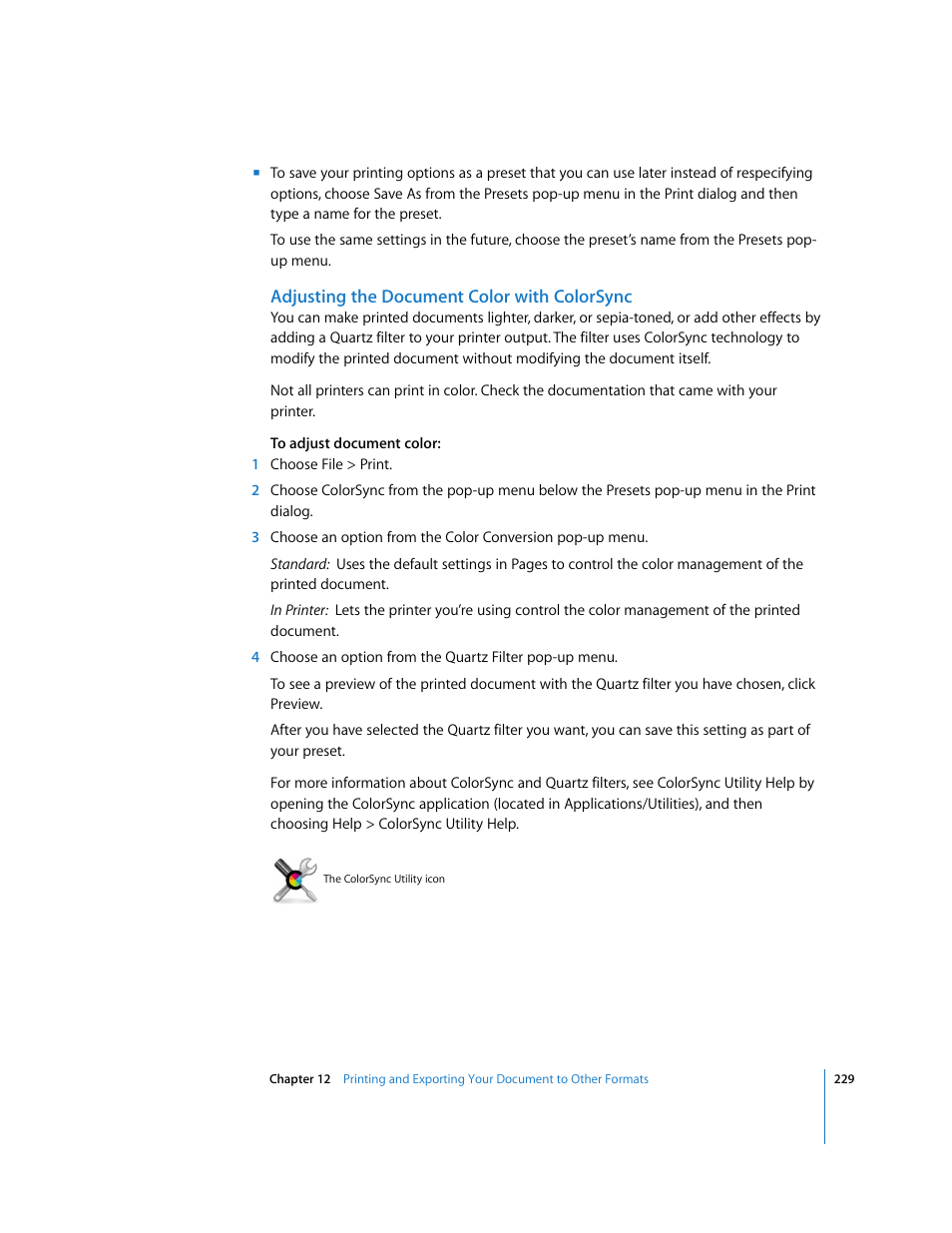 Adjusting the document color with colorsync | Apple Pages '08 User Manual | Page 229 / 246