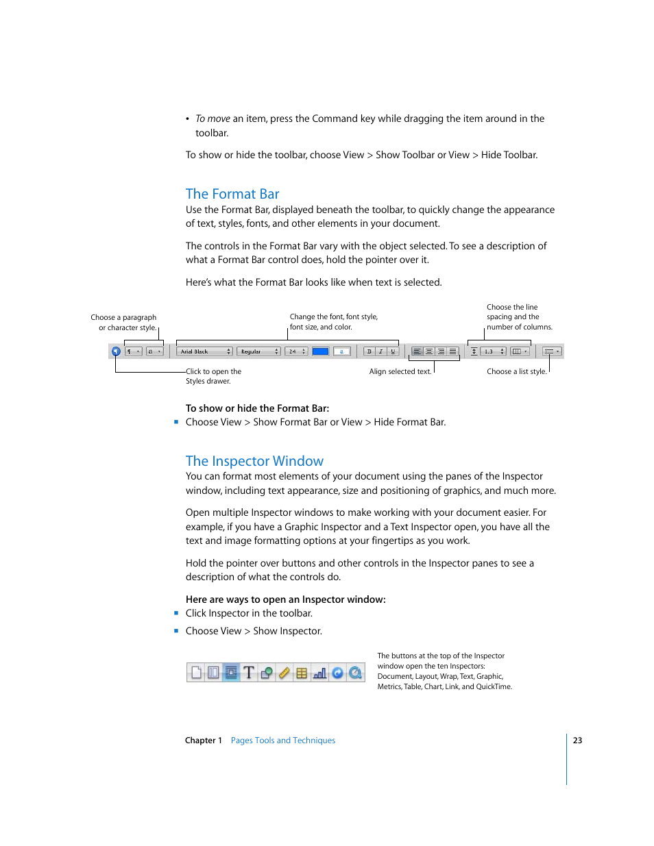 The format bar, The inspector window | Apple Pages '08 User Manual | Page 23 / 246