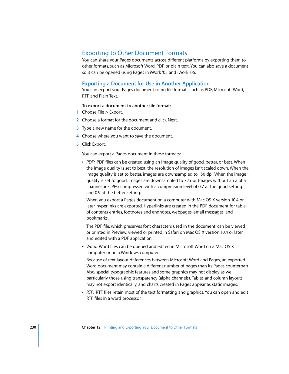 Exporting to other document formats | Apple Pages '08 User Manual | Page 230 / 246