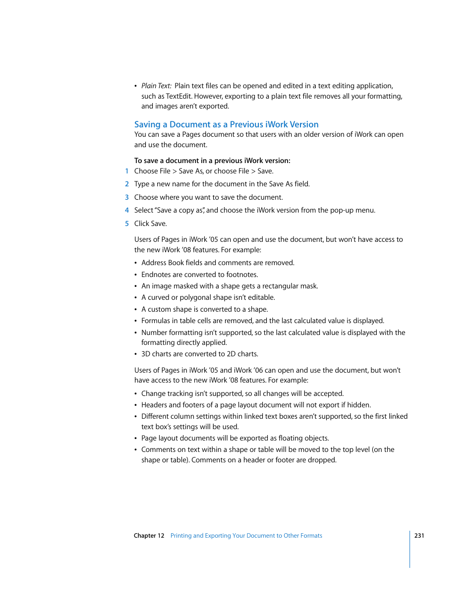 Saving a document as a previous iwork version | Apple Pages '08 User Manual | Page 231 / 246