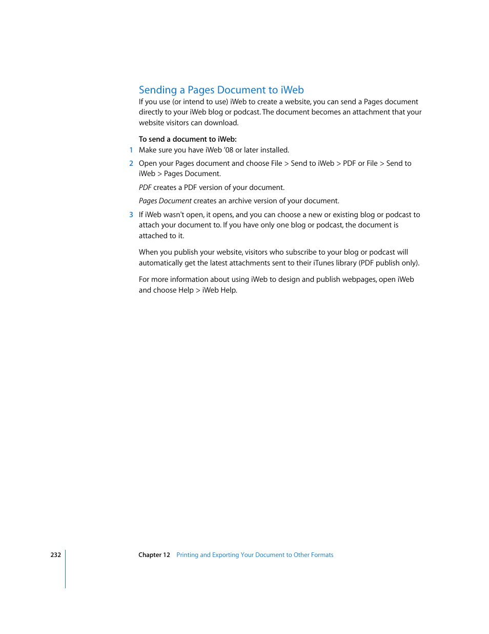 Sending a pages document to iweb | Apple Pages '08 User Manual | Page 232 / 246