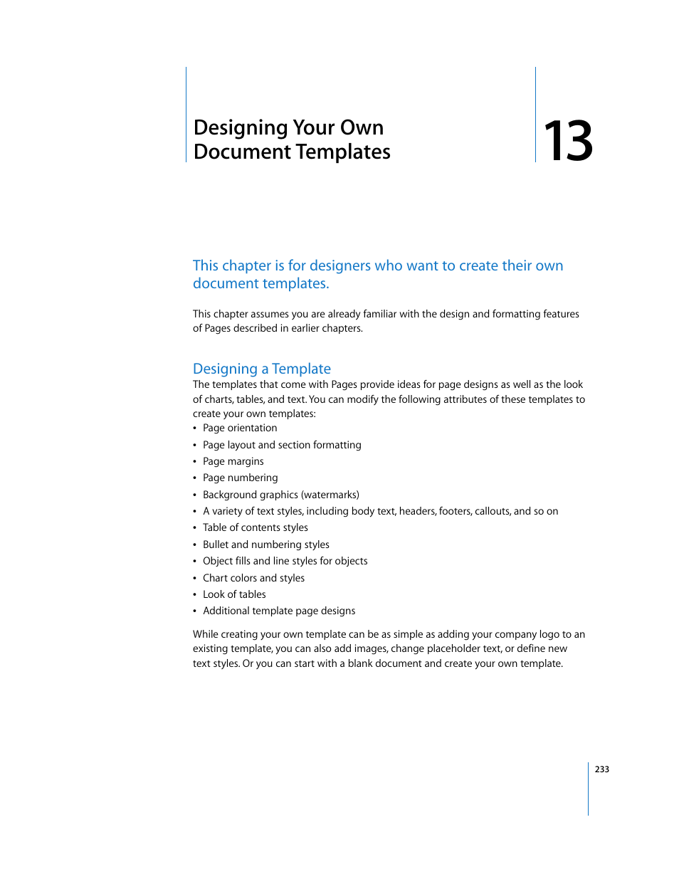 Designing your own documenttemplates, Designing a template, Chapter 13 | Designing your own document templates | Apple Pages '08 User Manual | Page 233 / 246
