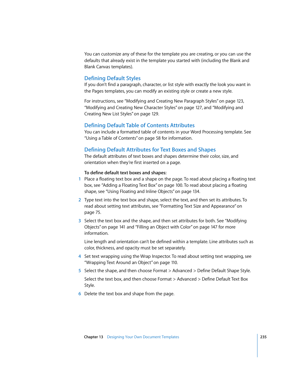 Defining default styles, Defining default table of contents attributes | Apple Pages '08 User Manual | Page 235 / 246