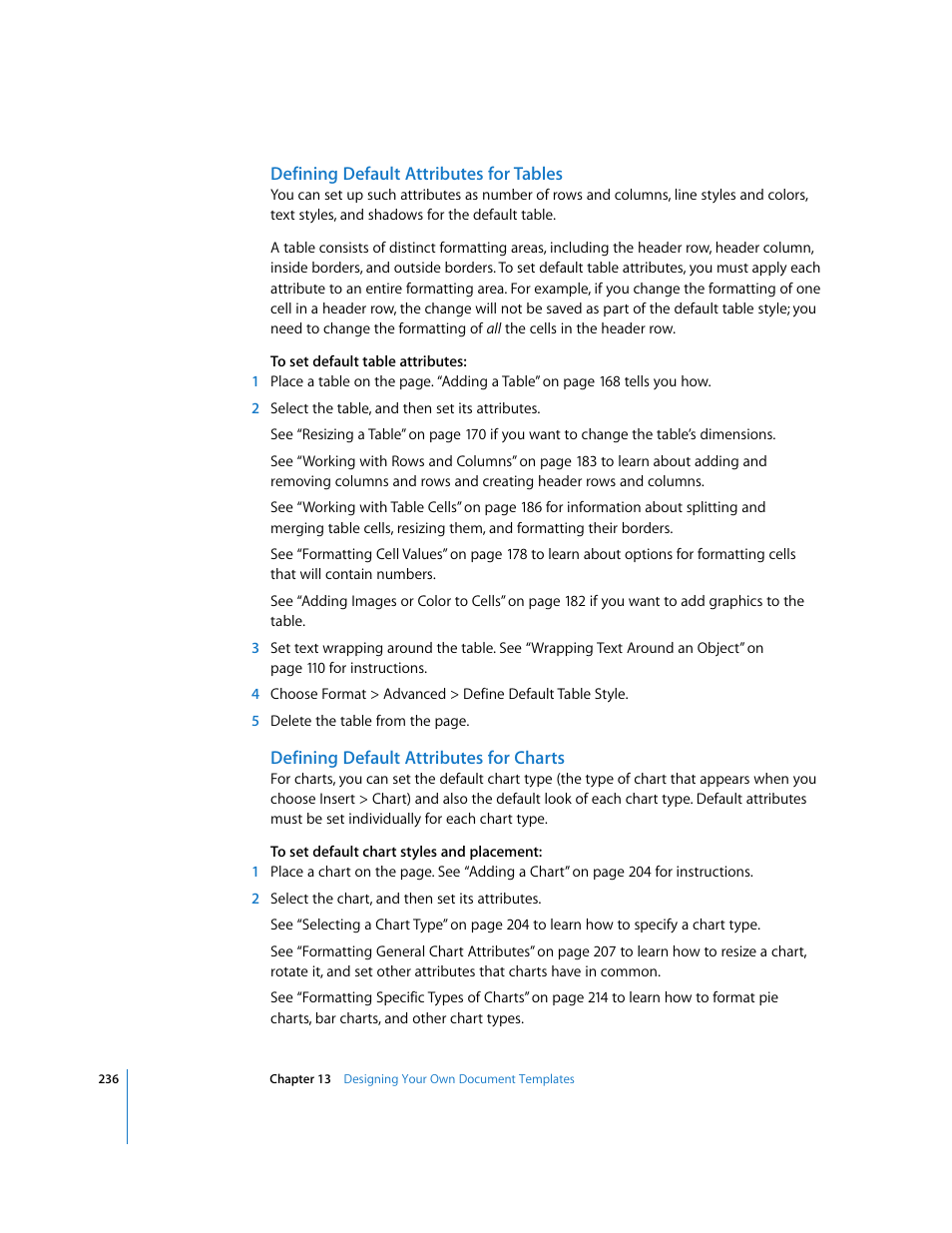 Defining default attributes for tables, Defining default attributes for charts | Apple Pages '08 User Manual | Page 236 / 246