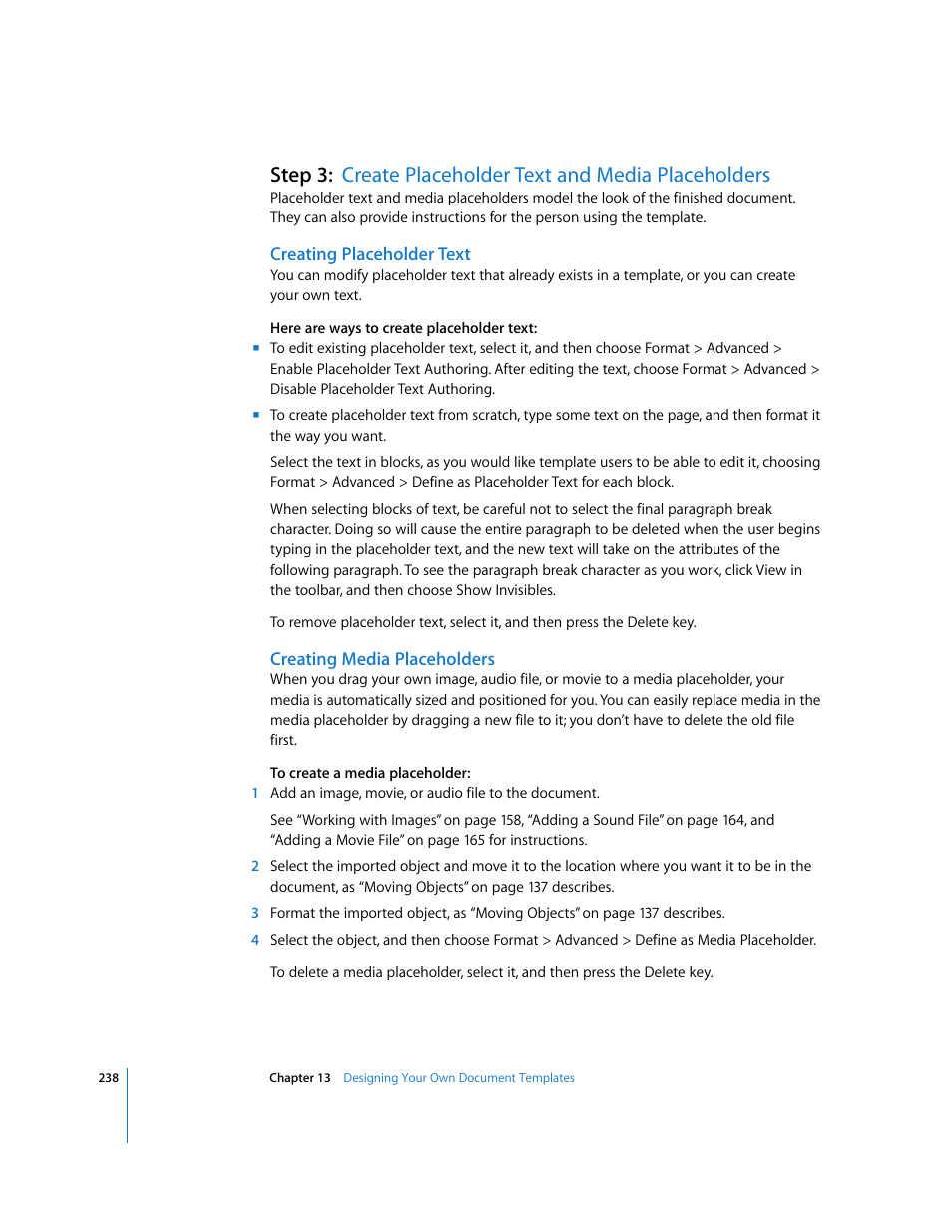 Creating placeholder text, Creating media placeholders | Apple Pages '08 User Manual | Page 238 / 246