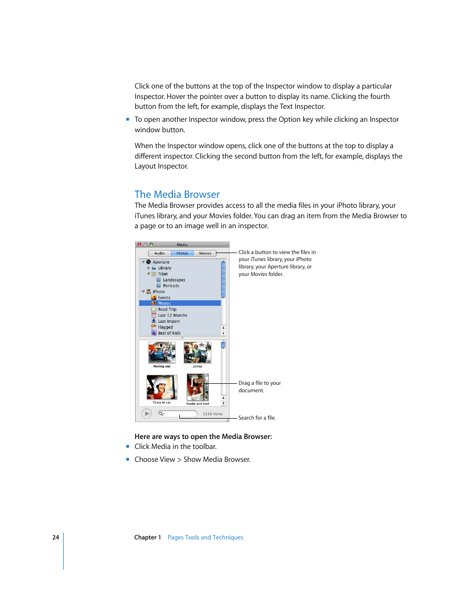 The media browser | Apple Pages '08 User Manual | Page 24 / 246