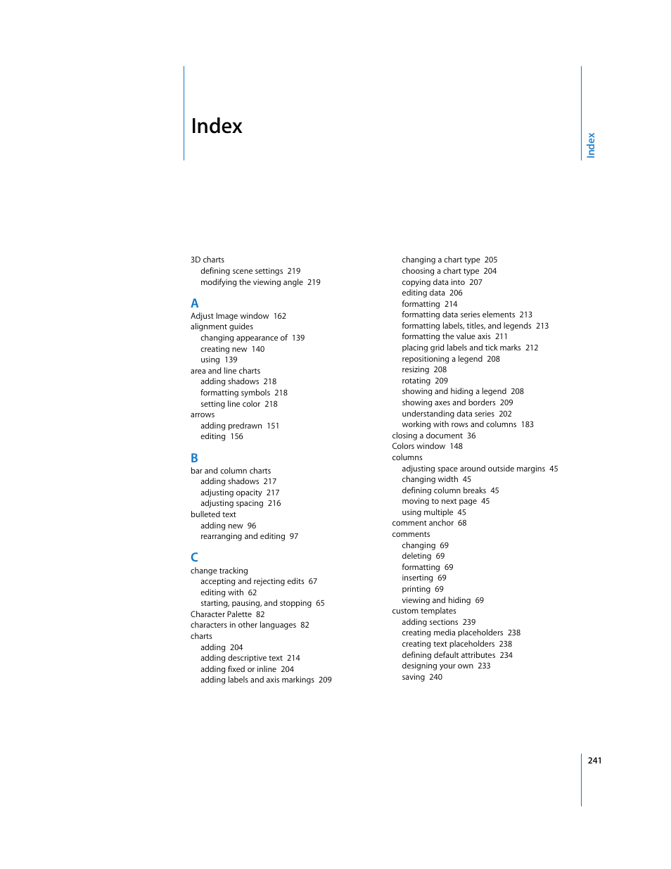 Index | Apple Pages '08 User Manual | Page 241 / 246
