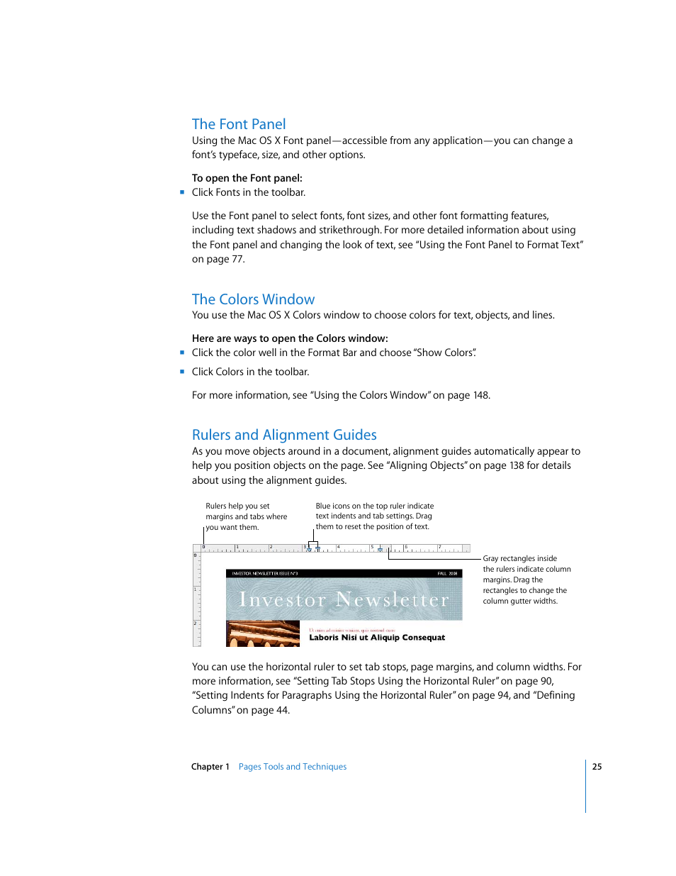 The font panel, The colors window, Rulers and alignment guides | Apple Pages '08 User Manual | Page 25 / 246