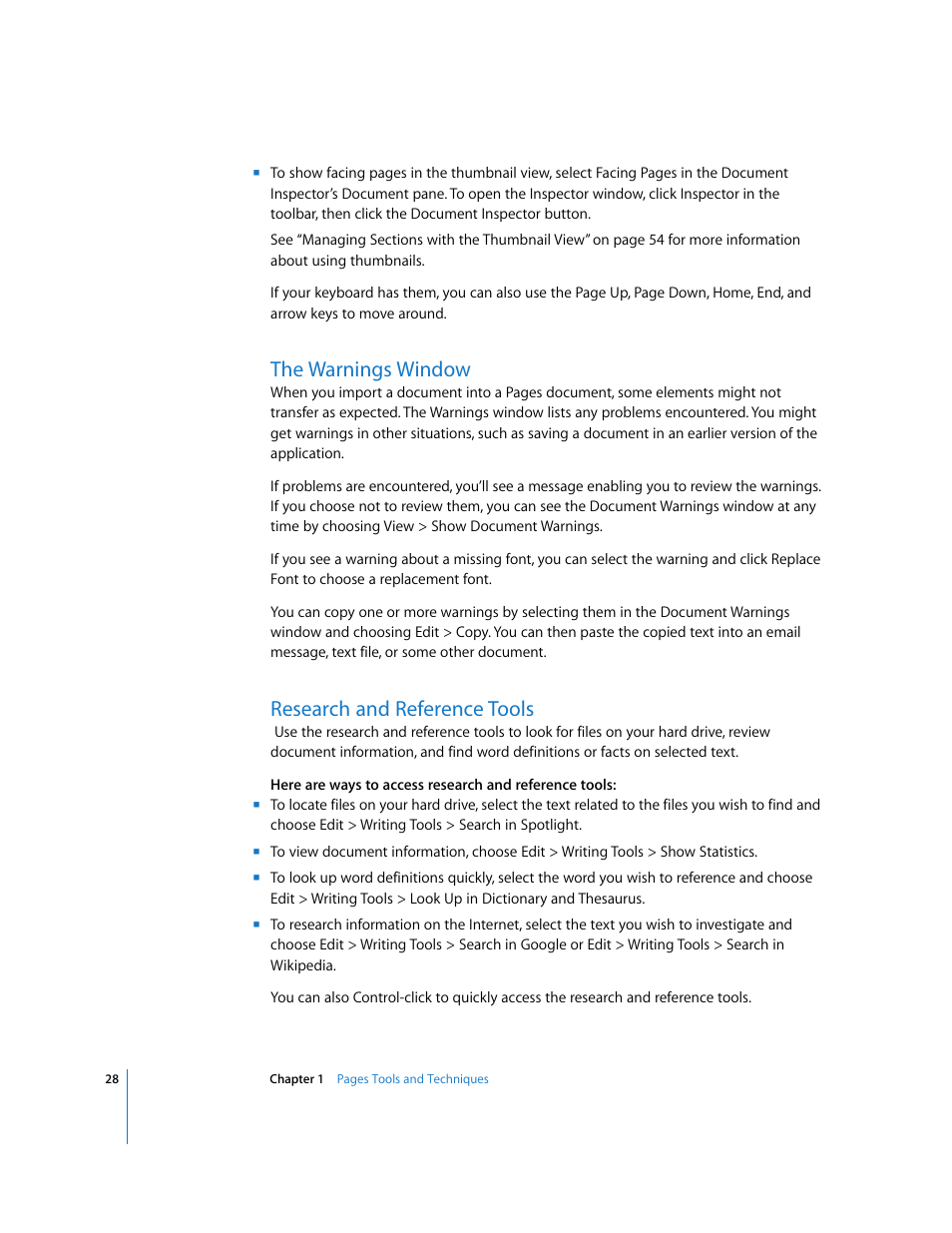 The warnings window, Research and reference tools | Apple Pages '08 User Manual | Page 28 / 246