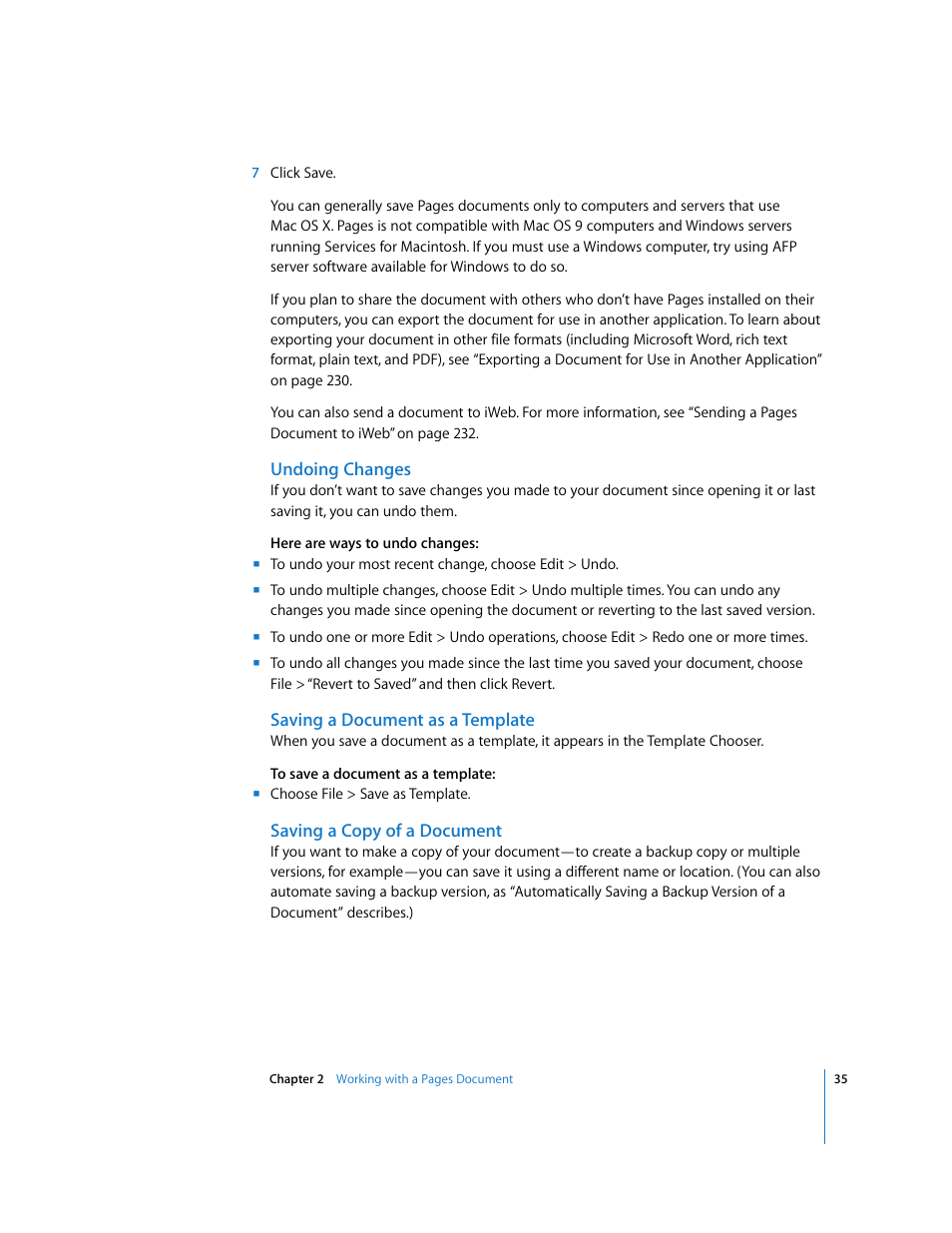 Undoing changes, Saving a document as a template, Saving a copy of a document | Apple Pages '08 User Manual | Page 35 / 246