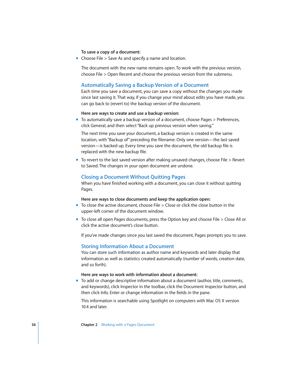 Storing information about a document | Apple Pages '08 User Manual | Page 36 / 246