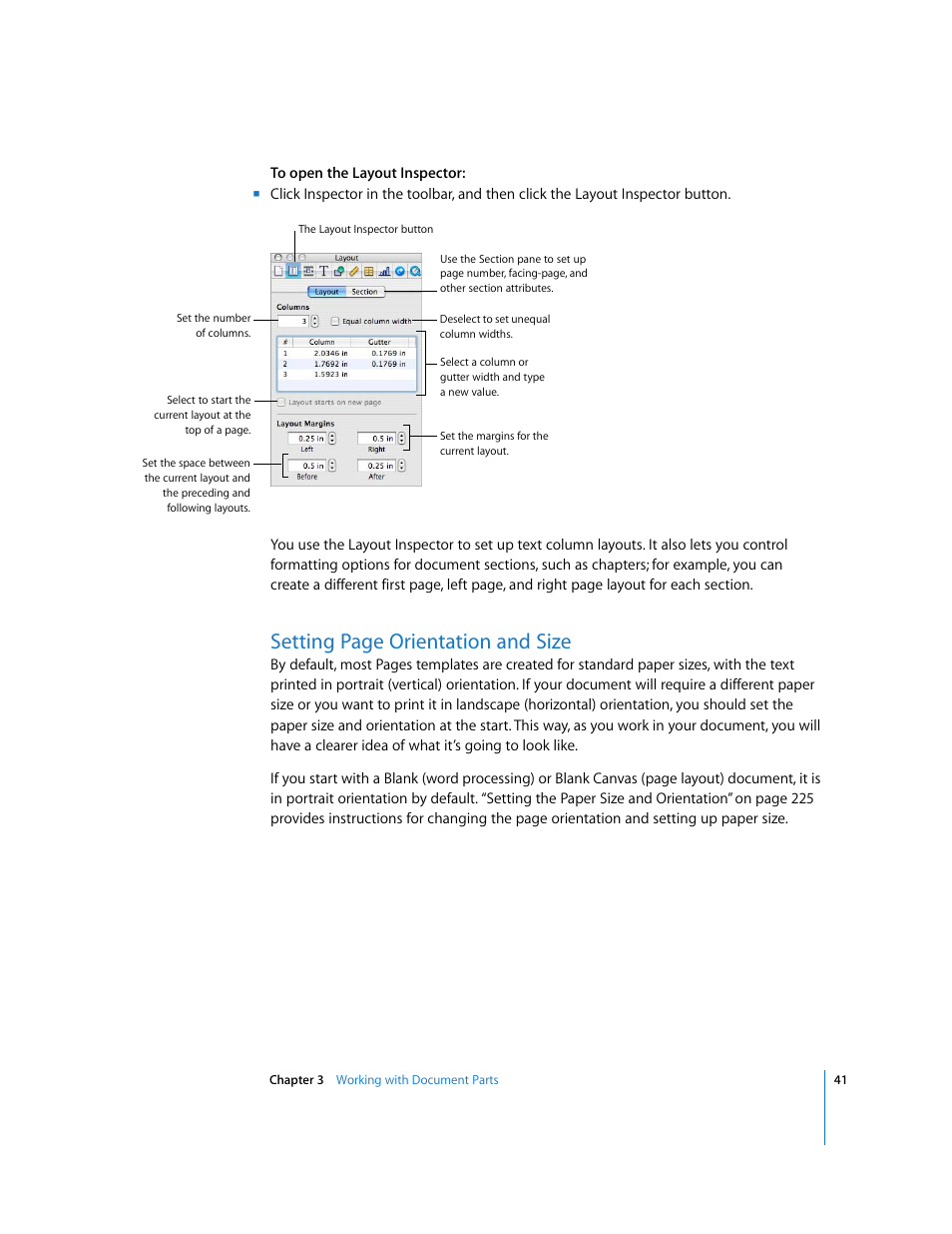 Setting page orientation and size | Apple Pages '08 User Manual | Page 41 / 246