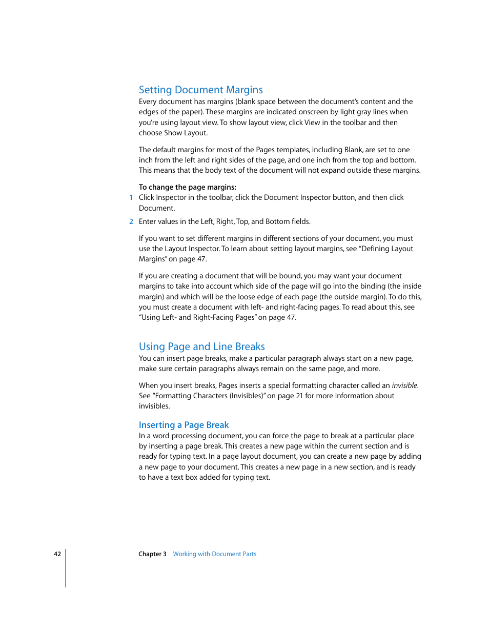 Setting document margins, Using page and line breaks | Apple Pages '08 User Manual | Page 42 / 246