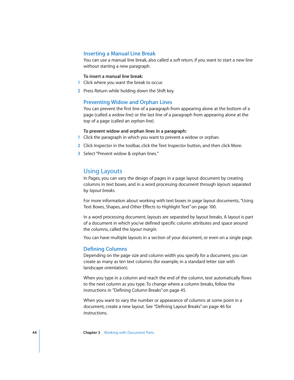 Inserting a manual line break, Preventing widow and orphan lines, Using layouts | Defining columns | Apple Pages '08 User Manual | Page 44 / 246