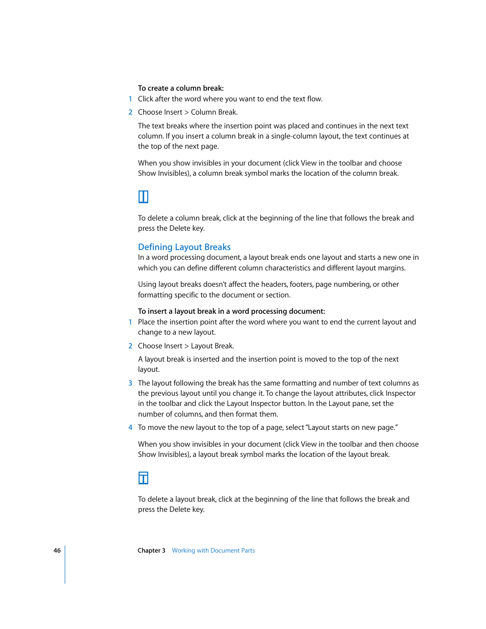 Defining layout breaks | Apple Pages '08 User Manual | Page 46 / 246