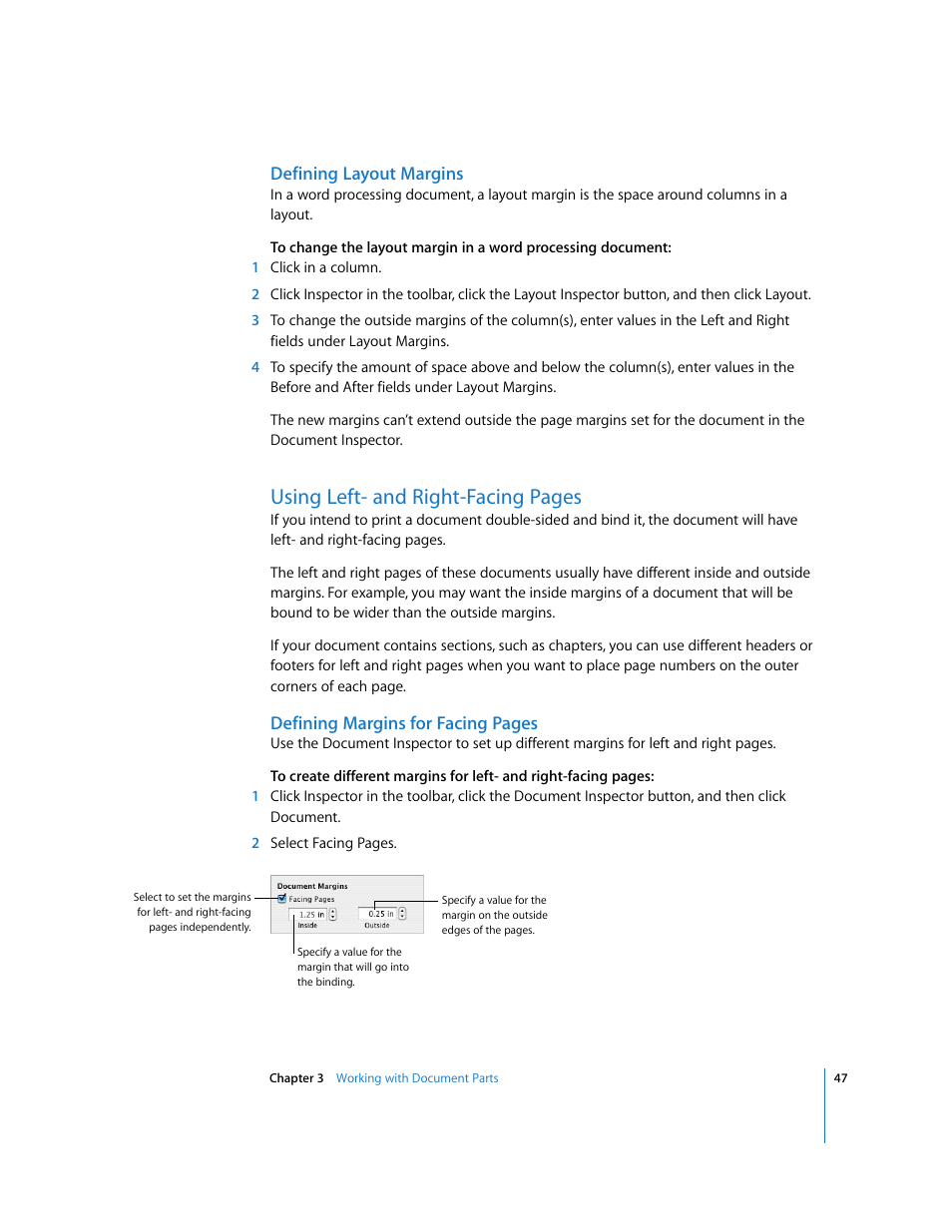 Defining layout margins, Using left- and right-facing pages | Apple Pages '08 User Manual | Page 47 / 246