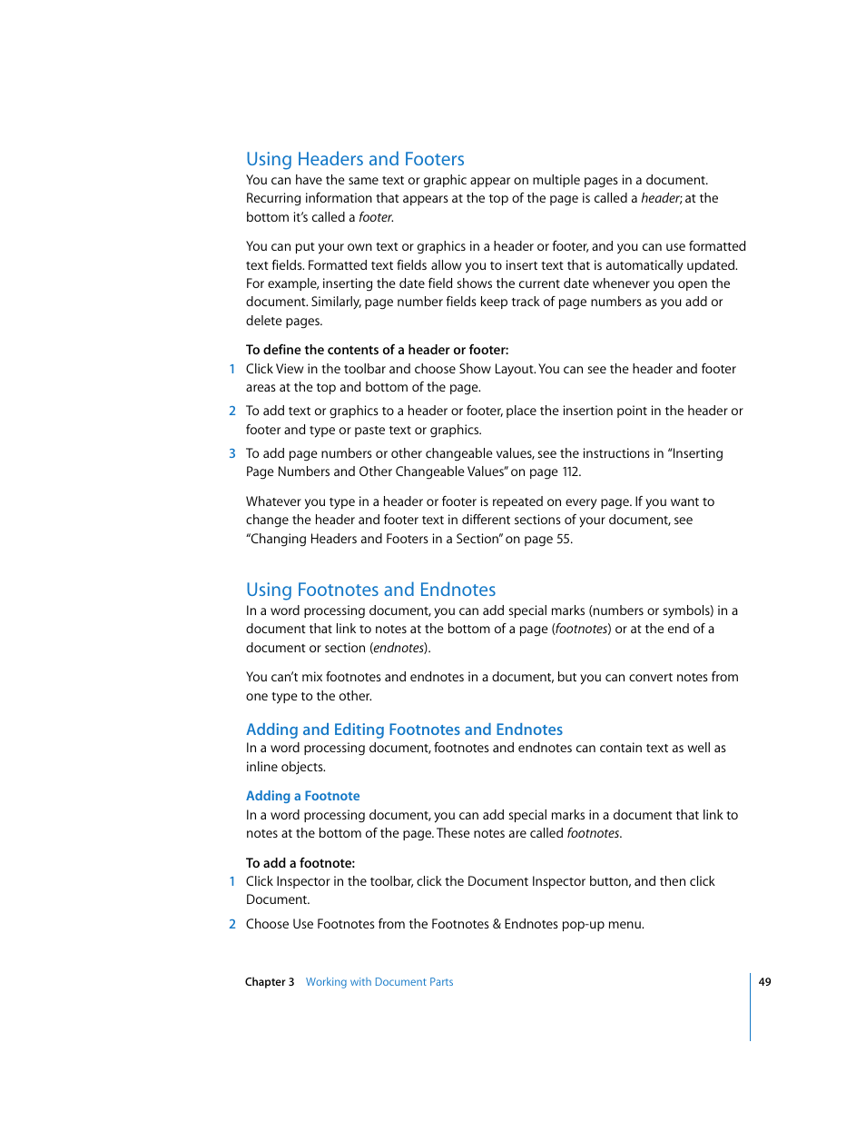 Using headers and footers, Using footnotes and endnotes, Adding and editing footnotes and endnotes | Adding a footnote | Apple Pages '08 User Manual | Page 49 / 246