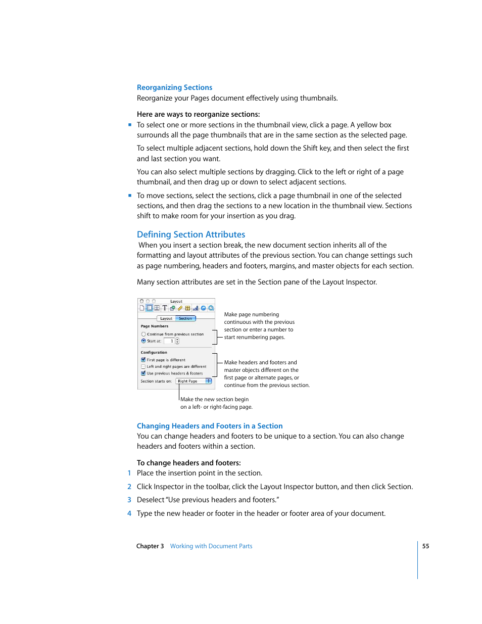 Reorganizing sections, Defining section attributes, Changing headers and footers in a section | Apple Pages '08 User Manual | Page 55 / 246