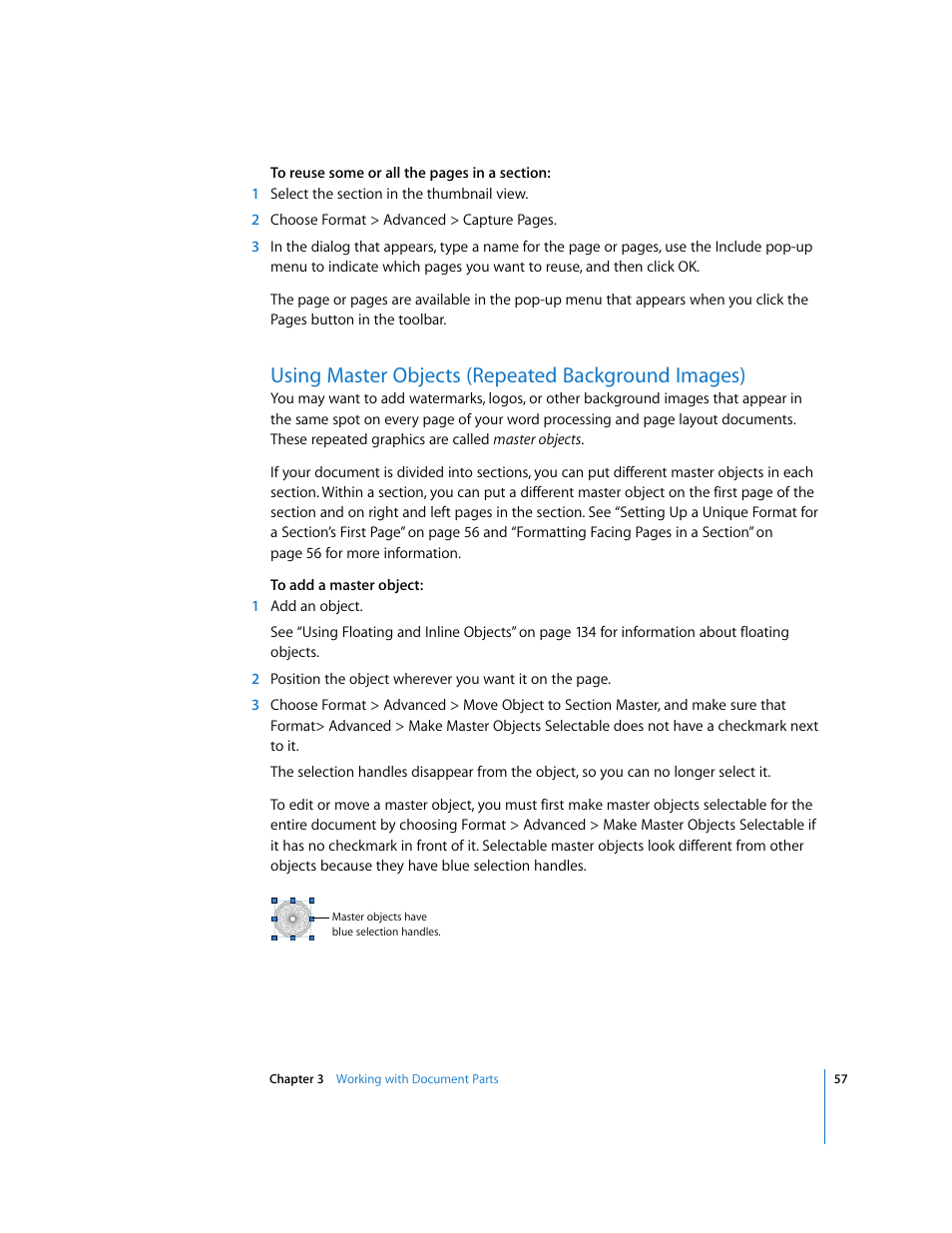 Using master objects (repeated background images) | Apple Pages '08 User Manual | Page 57 / 246