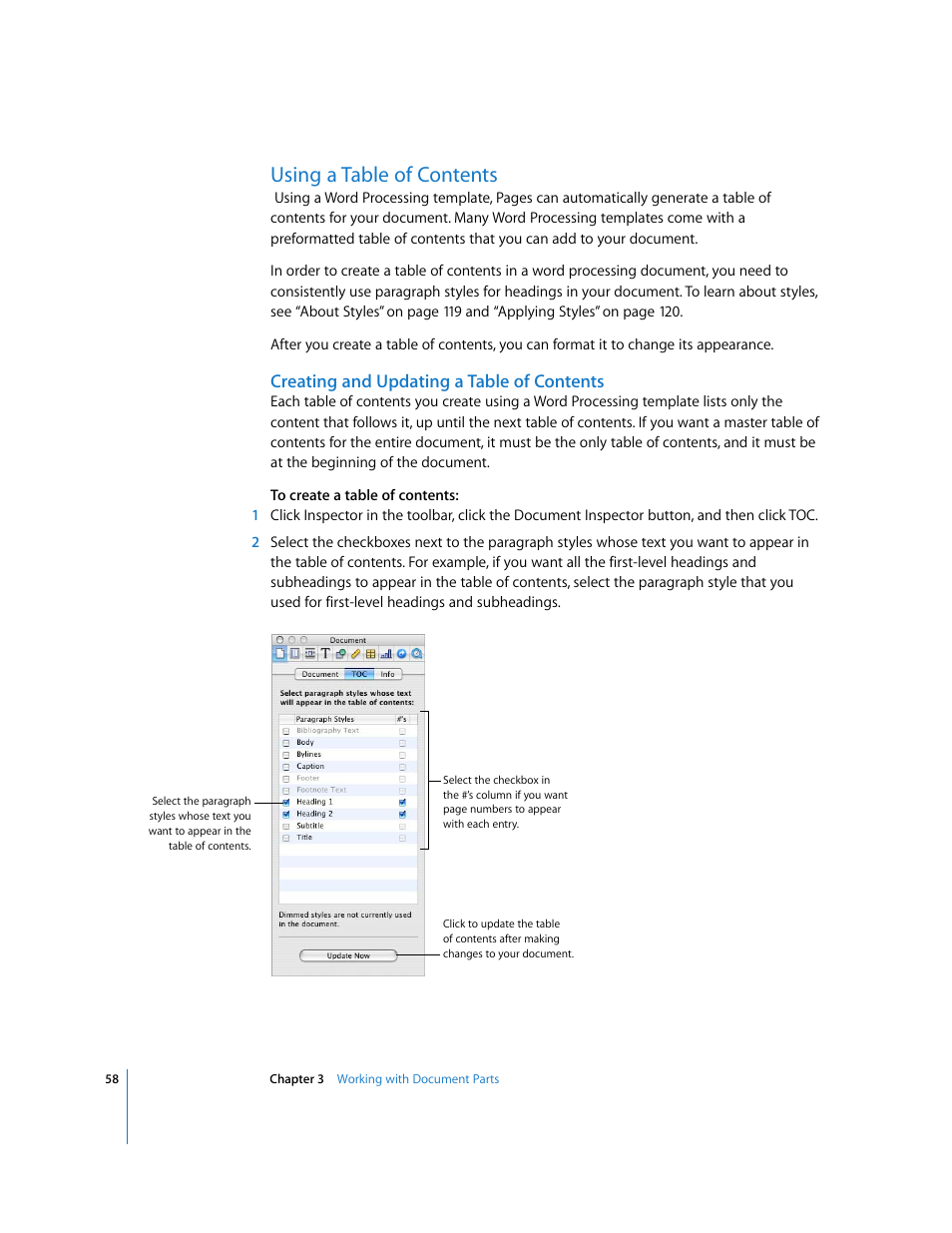 Using a table of contents, Creating and updating a table of contents, Ee “using a table of | Apple Pages '08 User Manual | Page 58 / 246