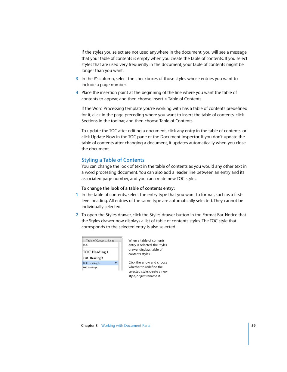 Styling a table of contents | Apple Pages '08 User Manual | Page 59 / 246
