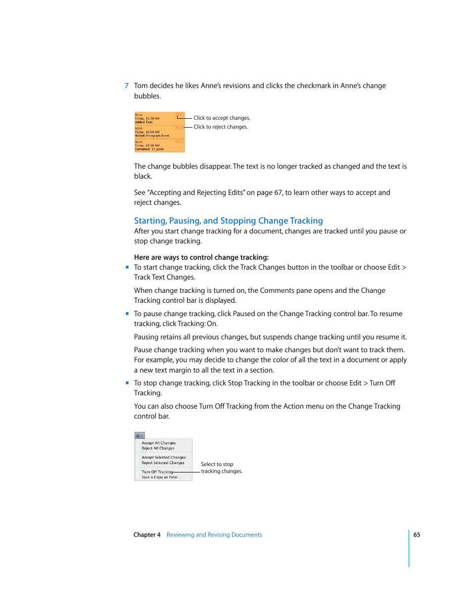 Starting, pausing, and stopping change tracking | Apple Pages '08 User Manual | Page 65 / 246