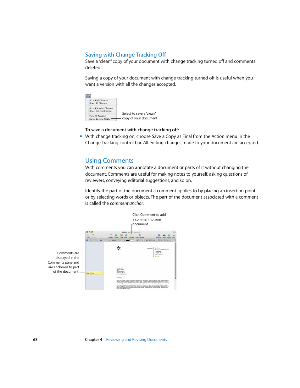 Saving with change tracking off, Using comments | Apple Pages '08 User Manual | Page 68 / 246