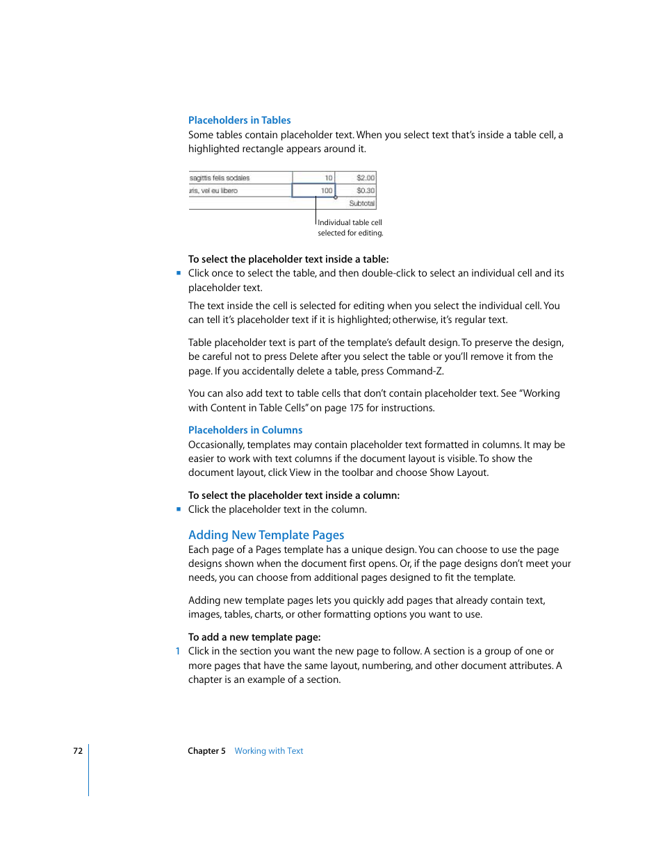 Placeholders in tables, Placeholders in columns | Apple Pages '08 User Manual | Page 72 / 246