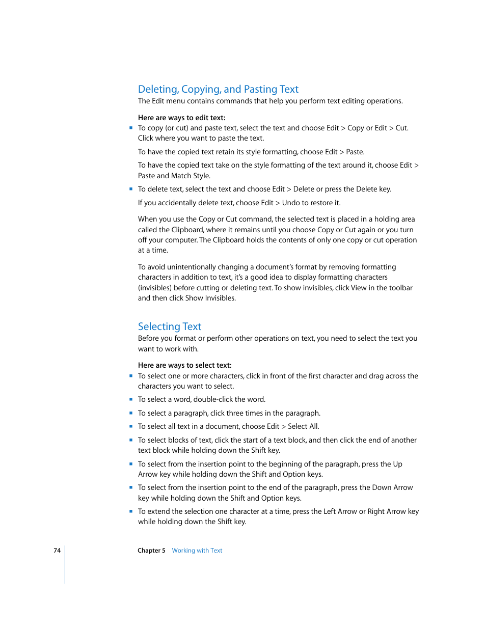 Deleting, copying, and pasting text, Selecting text, See “deleting, copying, and pasting | Apple Pages '08 User Manual | Page 74 / 246