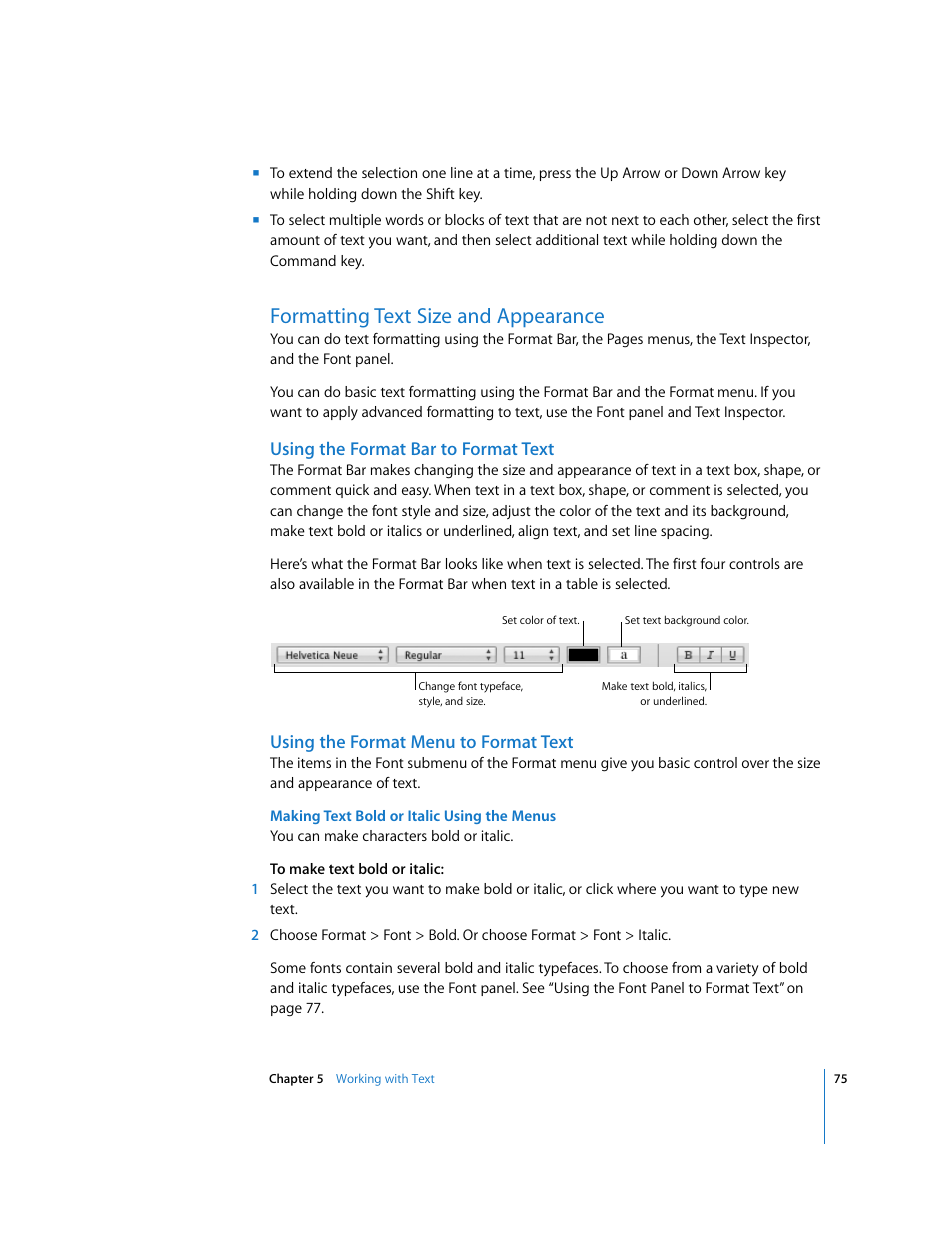 Formatting text size and appearance, Using the format bar to format text, Using the format menu to format text | Making text bold or italic using the menus, Ee “formatting text size and | Apple Pages '08 User Manual | Page 75 / 246