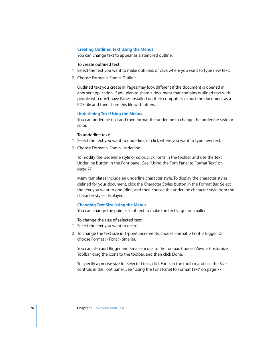 Creating outlined text using the menus, Underlining text using the menus, Changing text size using the menus | Apple Pages '08 User Manual | Page 76 / 246
