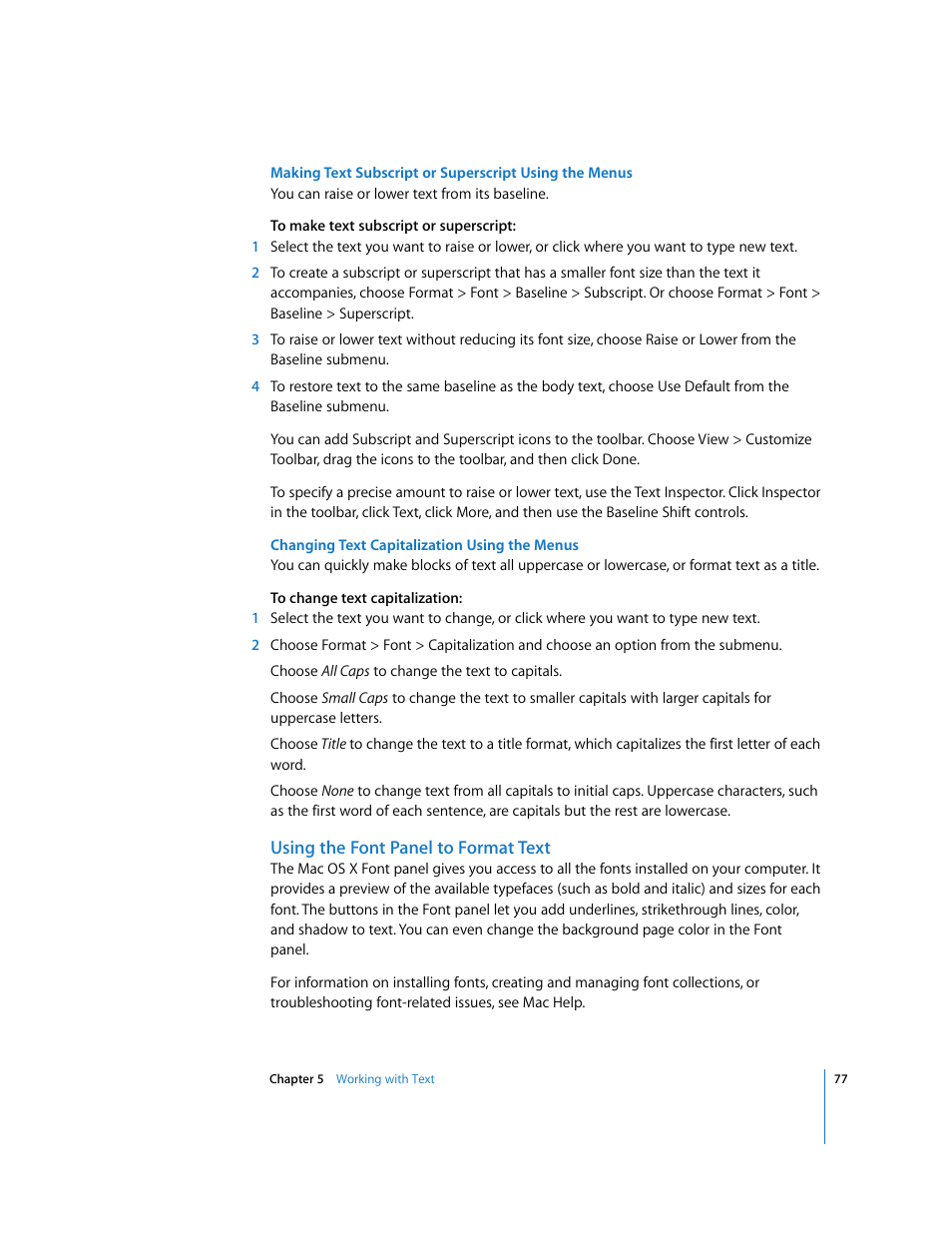 Changing text capitalization using the menus, Using the font panel to format text | Apple Pages '08 User Manual | Page 77 / 246