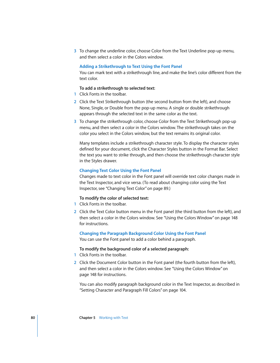 Changing text color using the font panel | Apple Pages '08 User Manual | Page 80 / 246