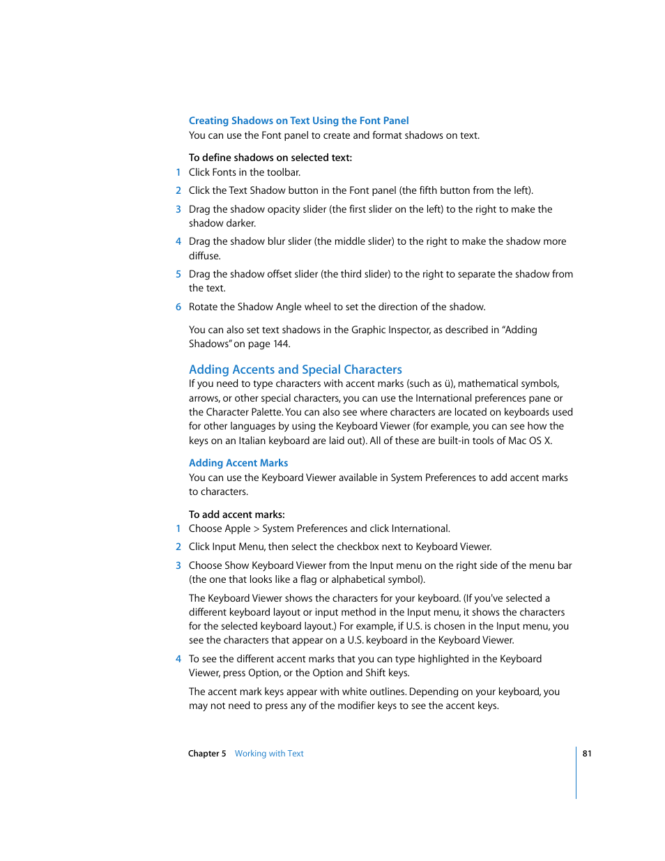 Creating shadows on text using the font panel, Adding accents and special characters, Adding accent marks | Apple Pages '08 User Manual | Page 81 / 246