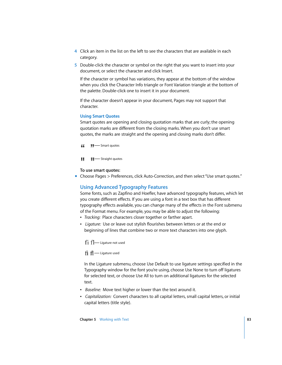 Using smart quotes, Using advanced typography features | Apple Pages '08 User Manual | Page 83 / 246