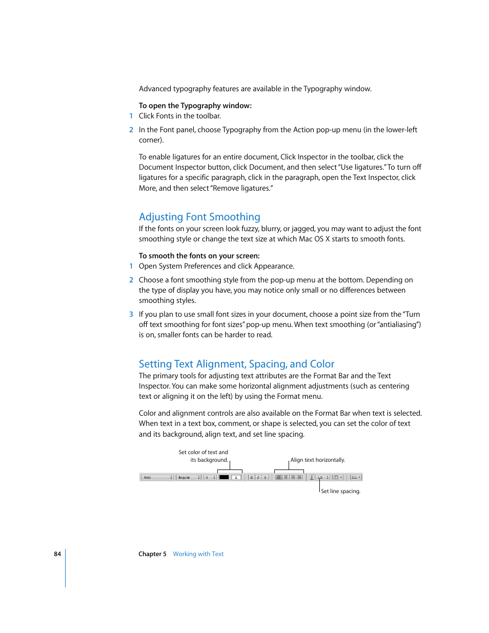 Adjusting font smoothing, Setting text alignment, spacing, and color | Apple Pages '08 User Manual | Page 84 / 246