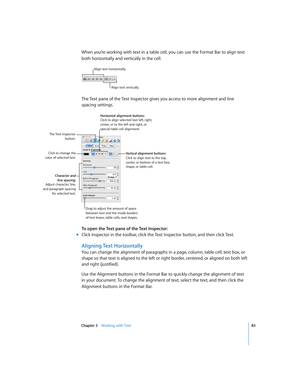 Aligning text horizontally | Apple Pages '08 User Manual | Page 85 / 246