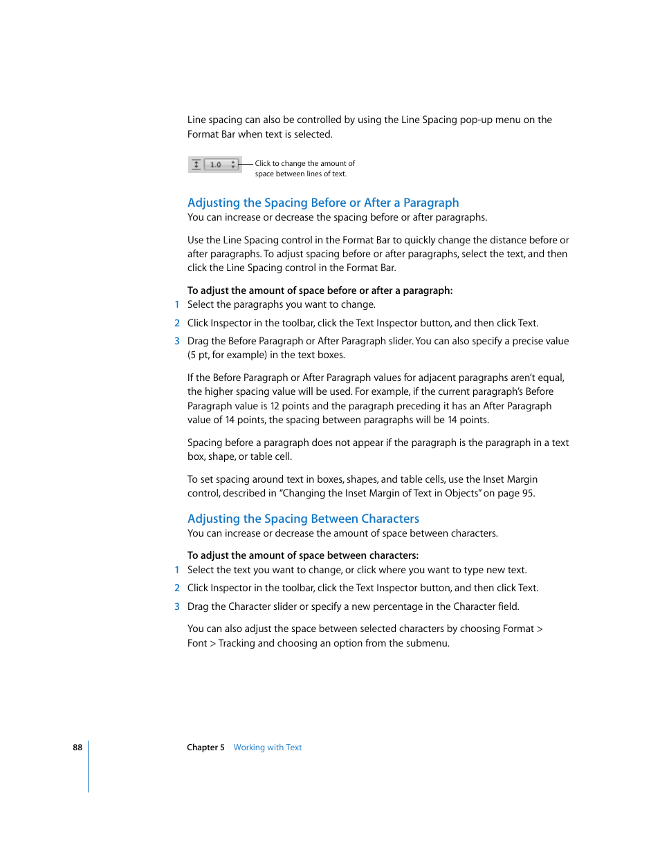 Adjusting the spacing before or after a paragraph, Adjusting the spacing between characters | Apple Pages '08 User Manual | Page 88 / 246