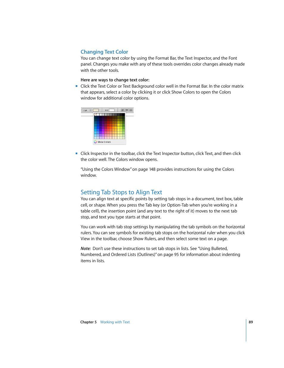 Changing text color, Setting tab stops to align text | Apple Pages '08 User Manual | Page 89 / 246