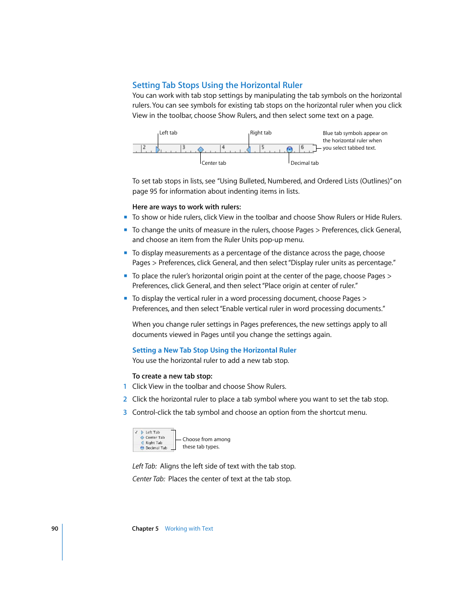 Setting tab stops using the horizontal ruler, Setting a new tab stop using the horizontal ruler | Apple Pages '08 User Manual | Page 90 / 246