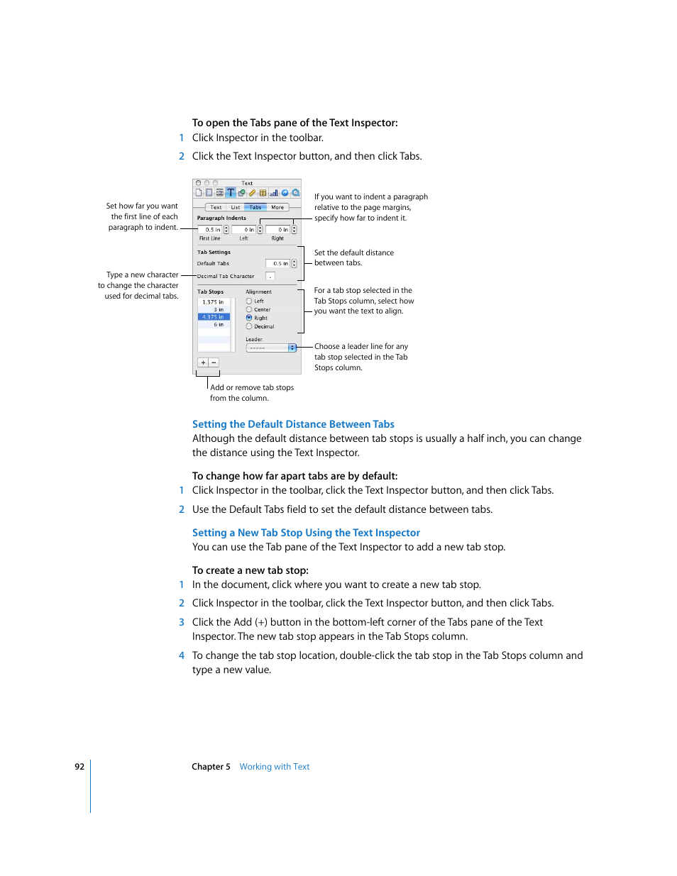 Setting the default distance between tabs, Setting a new tab stop using the text inspector | Apple Pages '08 User Manual | Page 92 / 246