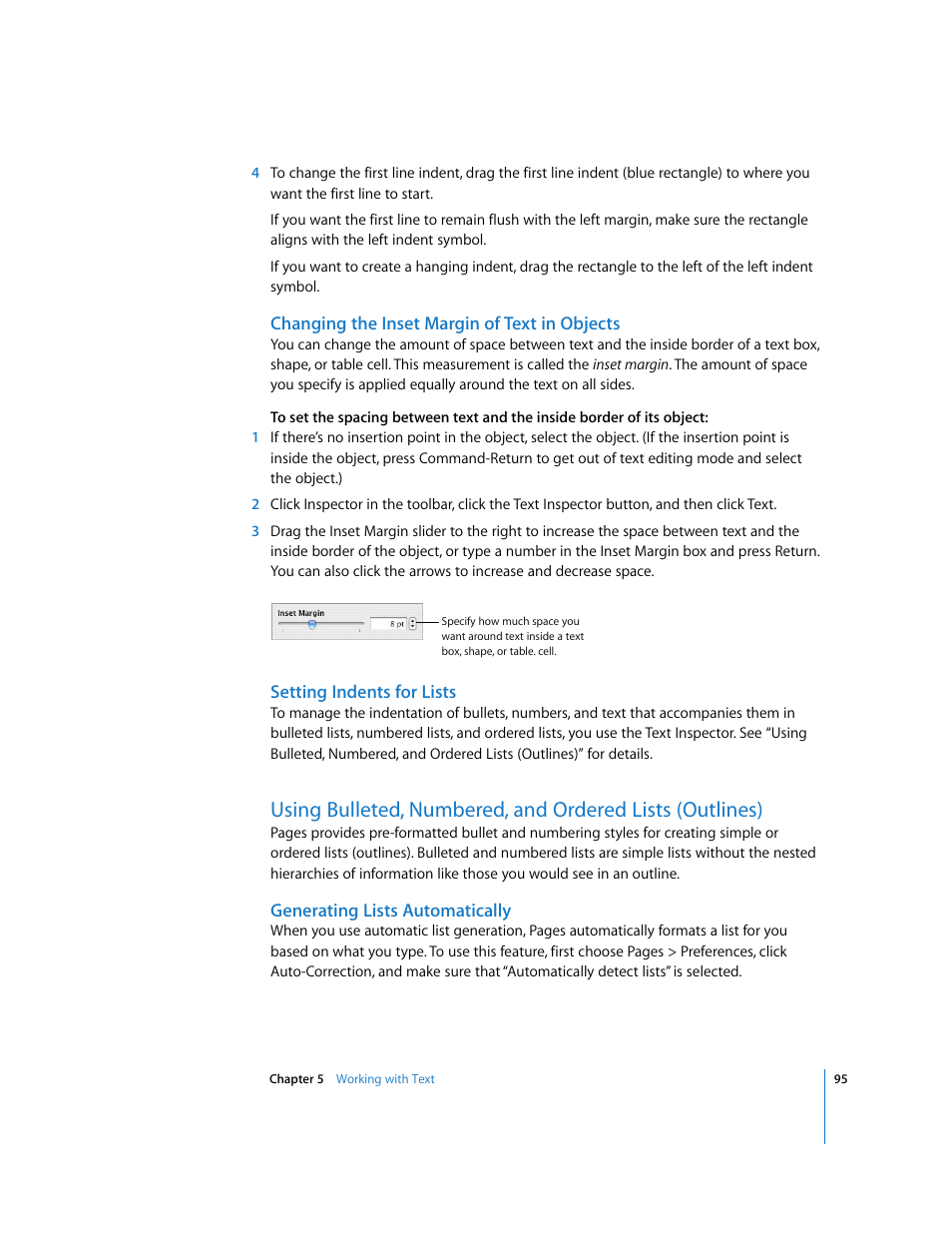 Changing the inset margin of text in objects, Setting indents for lists, Generating lists automatically | See “using bulleted, numbered, and ordered | Apple Pages '08 User Manual | Page 95 / 246