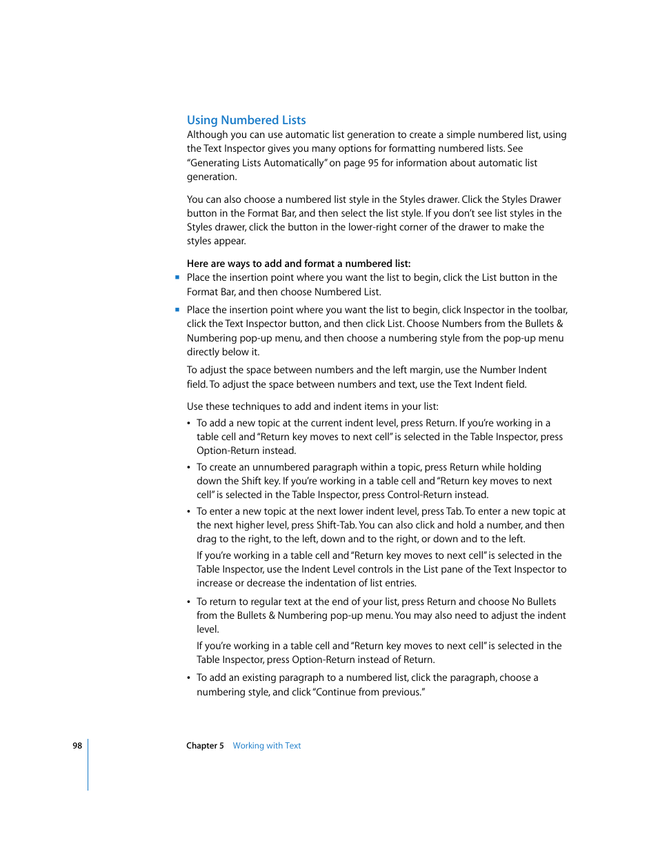 Using numbered lists | Apple Pages '08 User Manual | Page 98 / 246