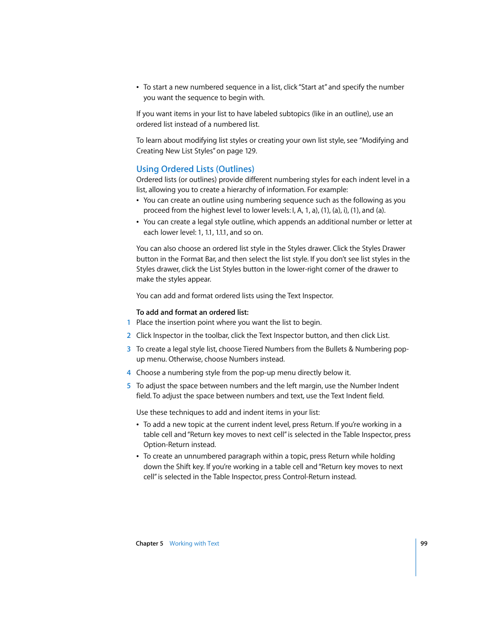 Using ordered lists (outlines) | Apple Pages '08 User Manual | Page 99 / 246