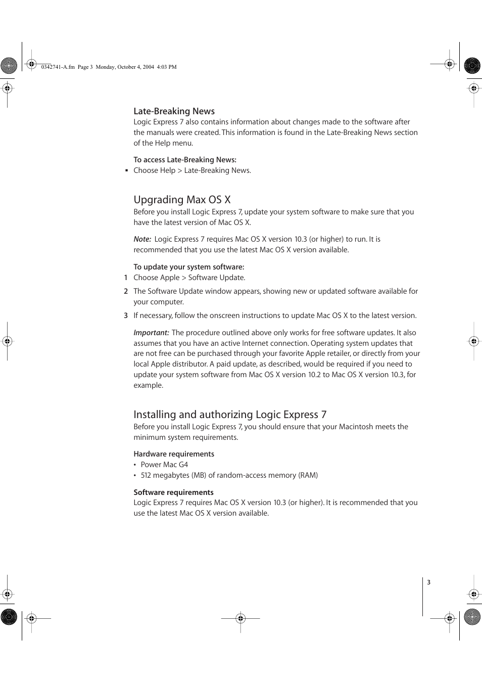 Late-breaking news, Upgrading max os x, Installing and authorizing logic express 7 | Apple Logic Express 7 User Manual | Page 3 / 8