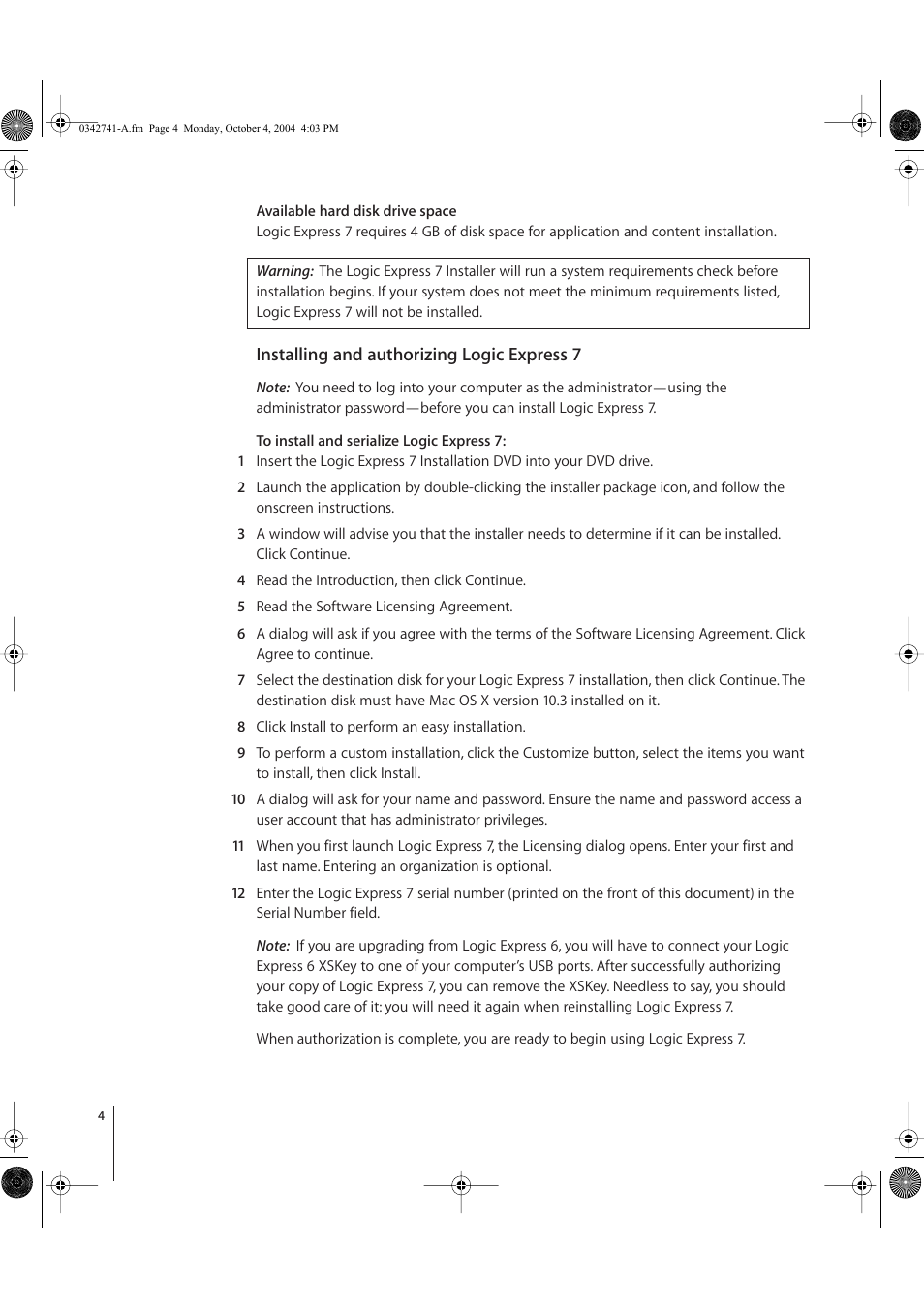 Installing and authorizing logic express 7 | Apple Logic Express 7 User Manual | Page 4 / 8