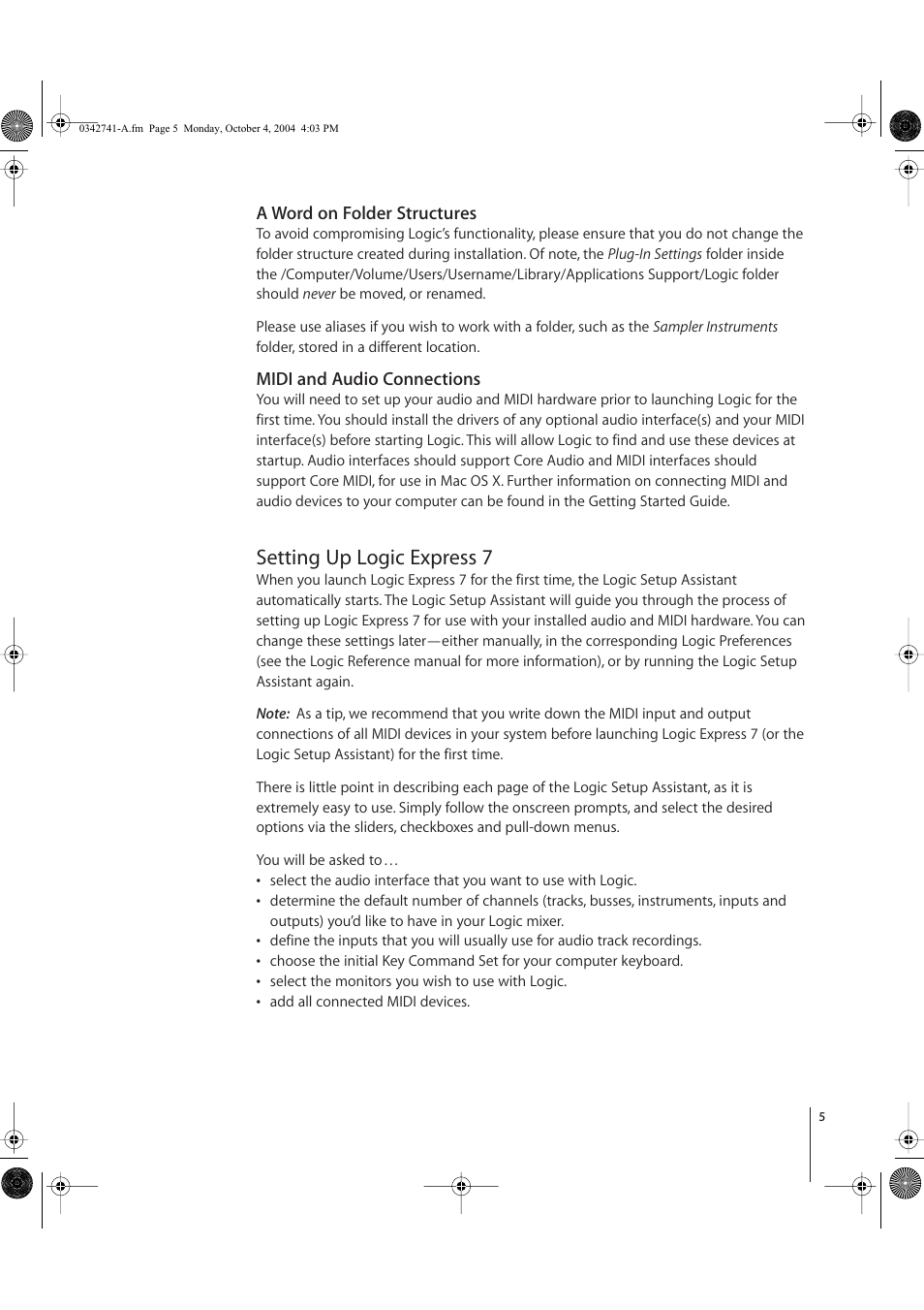 A word on folder structures, Midi and audio connections, Setting up logic express 7 | Apple Logic Express 7 User Manual | Page 5 / 8